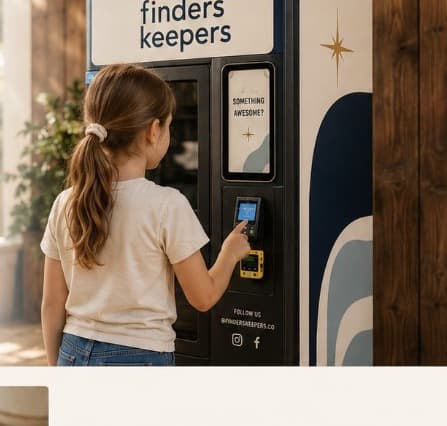 A child at a Finders Keepers vending machine with cream and navy branding in a warm restaurant setting